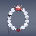 Full view of a handcrafted bracelet featuring white phantom quartz beads, a sunstone centerpiece in a black floral frame, red rose charm, butterfly chain, and delicate silver accents on a gradient background.