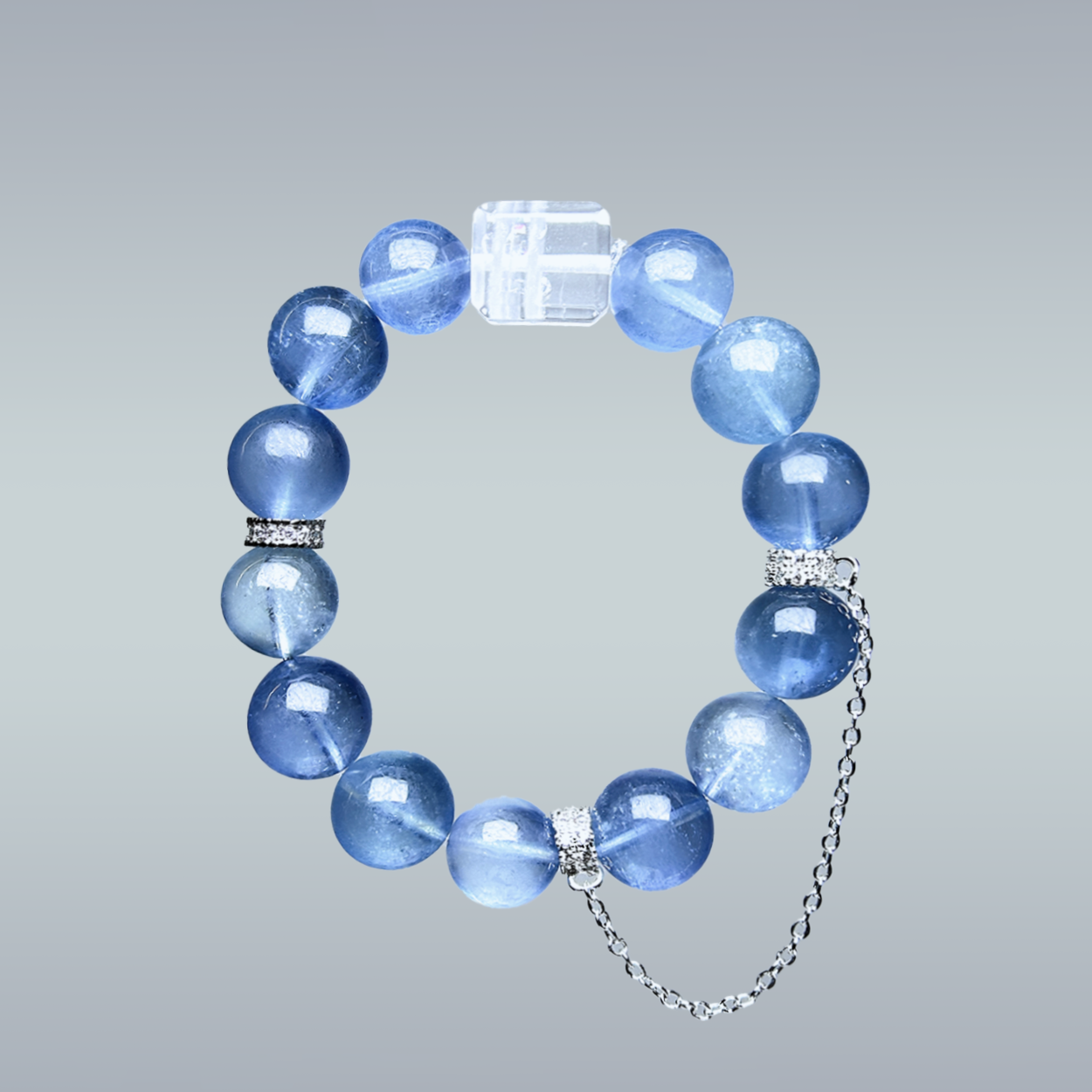 hang-lay of aquamarine and white phantom quartz bracelet with silver accents
